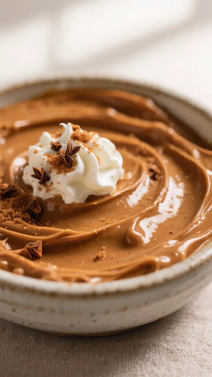 Close-up detail shot: A glossy, caramel-colored Gingerbread Cheesecake Dip mid-mix in a ceramic bowl