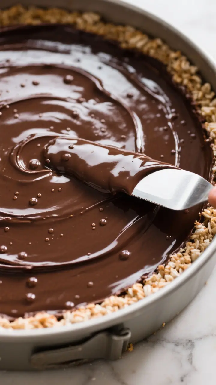 Close-up detail shot: A glossy, just-poured dark chocolate ganache filling settling over a chilled c