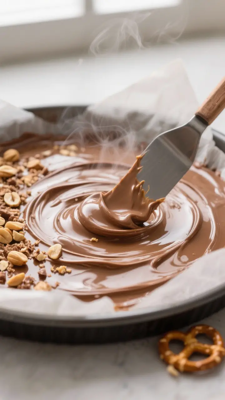 Close-up detail shot: A glossy ribbon of freshly melted peanut butter chocolate fudge being smoothed