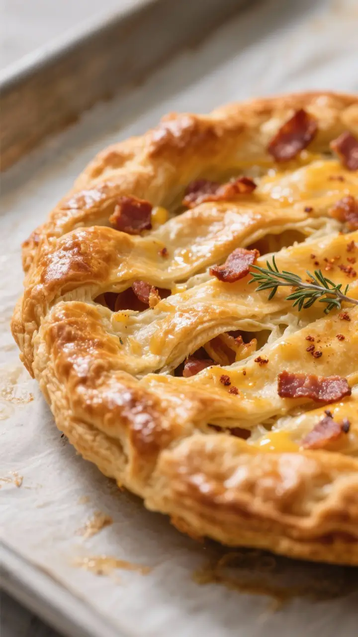 Close-up detail shot: A golden, puffed top crust of the Bacon ’n Cheese Puff Pie just out of the o