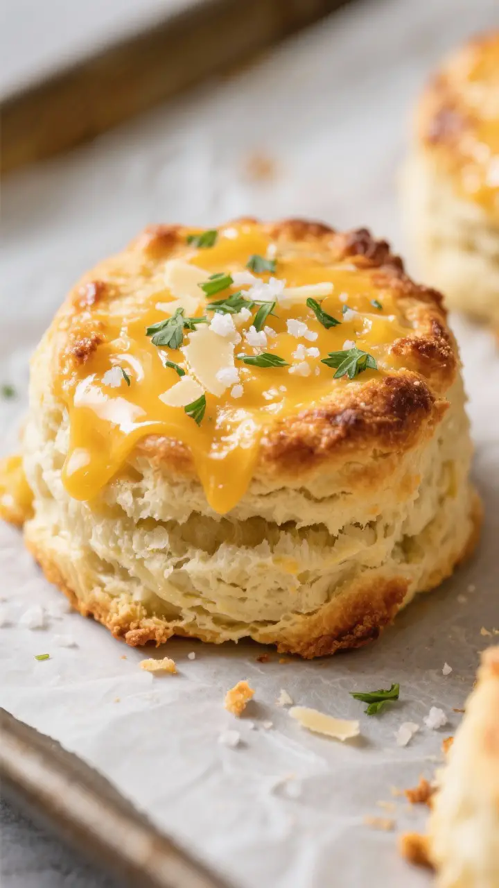 Close-up detail shot: A golden, savory topped biscuit just out of the oven, brushed with glossy garl