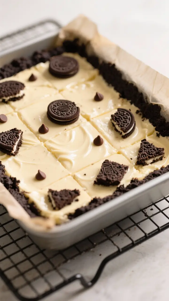 Close-up detail shot: A just-baked pan of Cookie Cheesecake Squares cooling on a wire rack, showing 