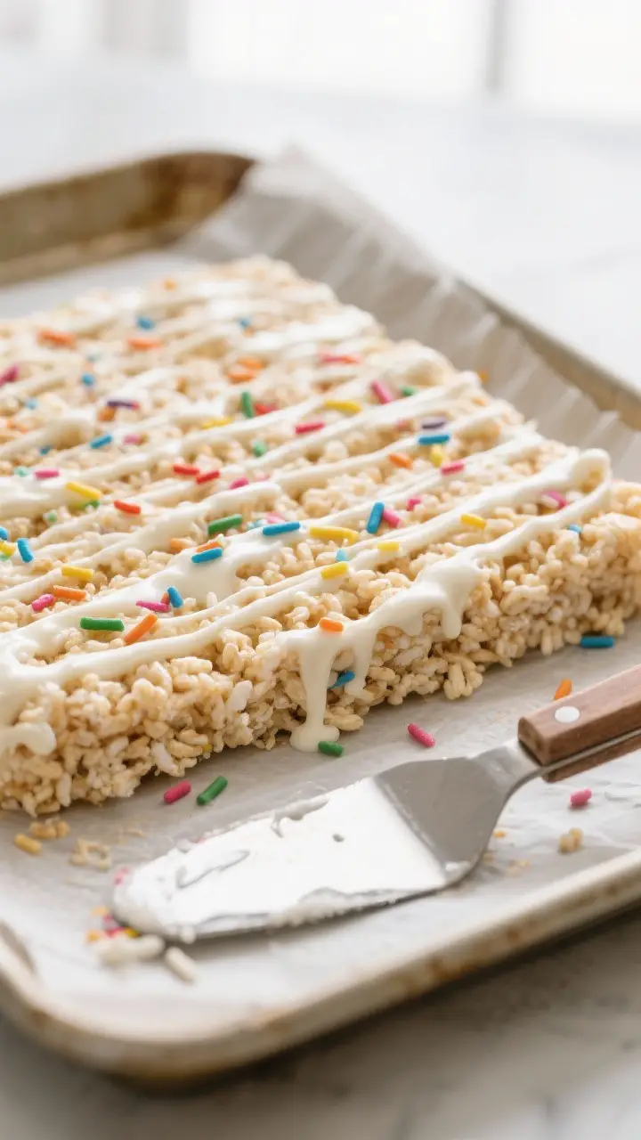 Close-up detail shot: A just-set slab of Birthday Rice Krispies treats in a parchment-lined 9x13 pan