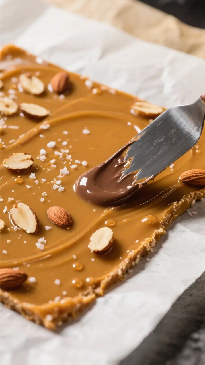 Close-up detail shot: A sheet of freshly poured Almond Roca toffee at deep golden amber stage spread