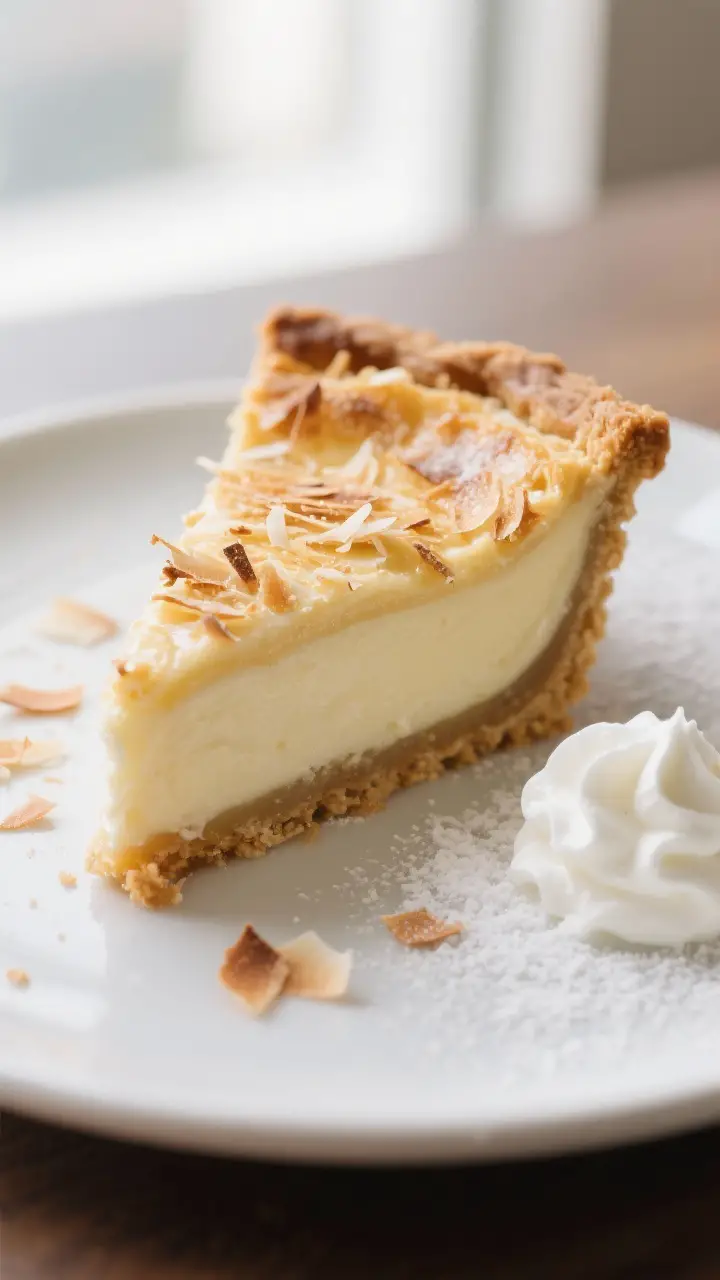 Close-up detail shot: A slice of baked Magic Coconut Pie just cut, showing the self-formed layers—