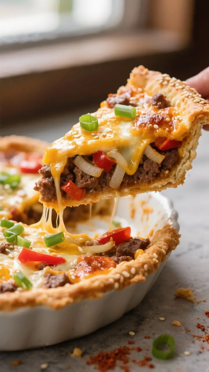 Close-up detail shot: A slice of Peppy Burger Pie just cut and slightly lifted from the pie dish, sh