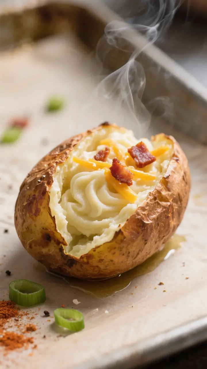 Close-up detail shot: A split, baked russet potato skin just out of the oven, shells ultra-crispy an