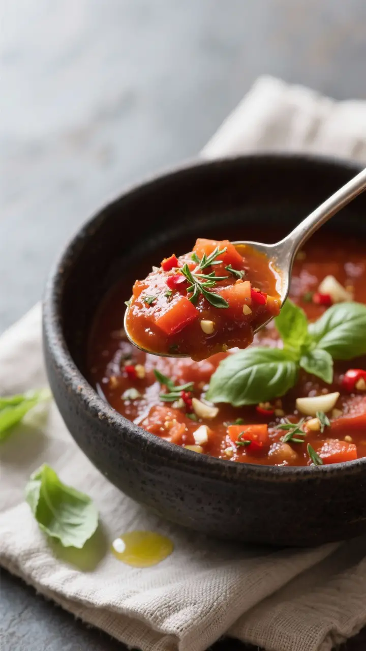 Close-up detail shot: A spoonful of finished no-cook pizza sauce held just above a dark ceramic bowl