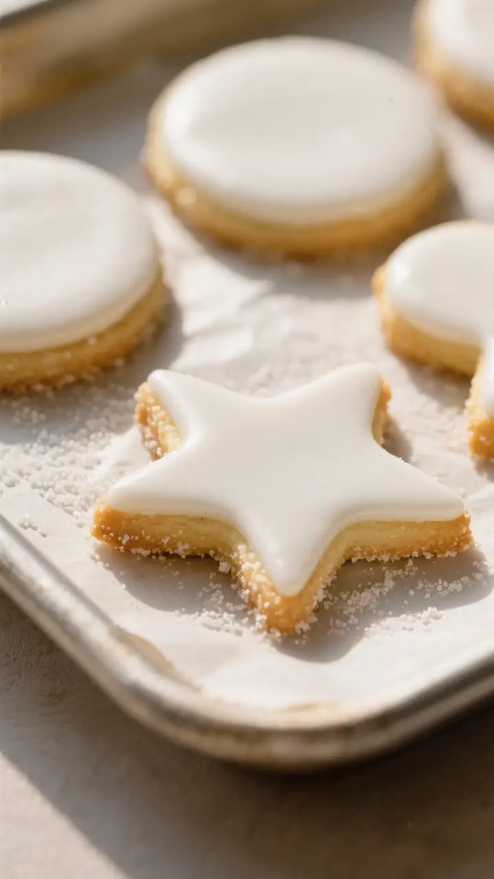 Close-up detail shot: A tray of freshly baked “porcelain” sugar cookies just out of the oven, ed