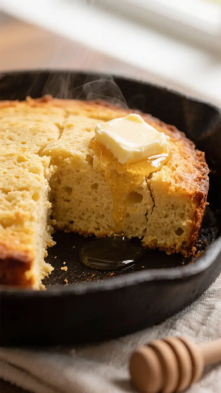 Close-up detail shot: A wedge of sour cream corn bread just cut from a cast-iron skillet, showing a 