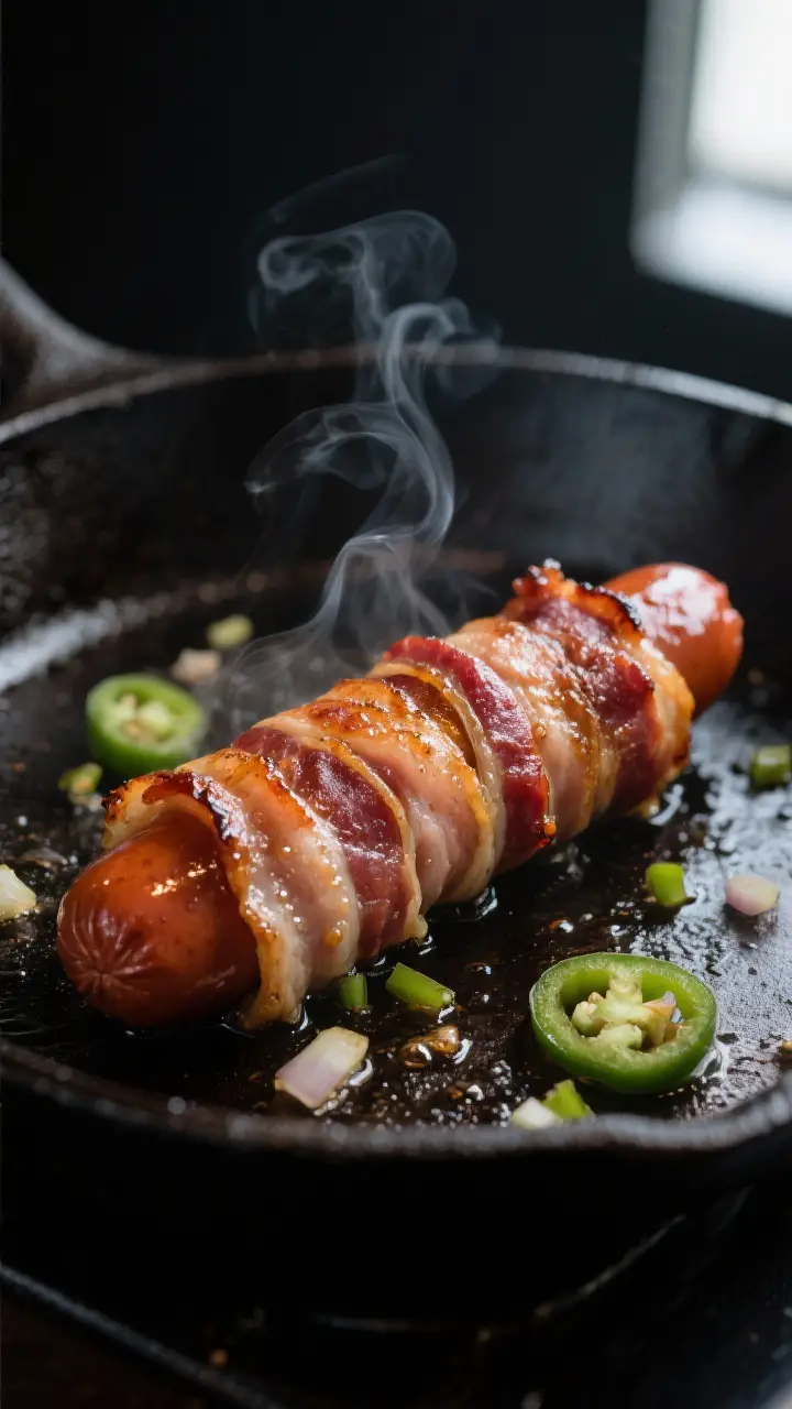 Close-up detail shot: Bacon-wrapped hot dog sizzling in a cast-iron skillet, seam-side down, bacon r