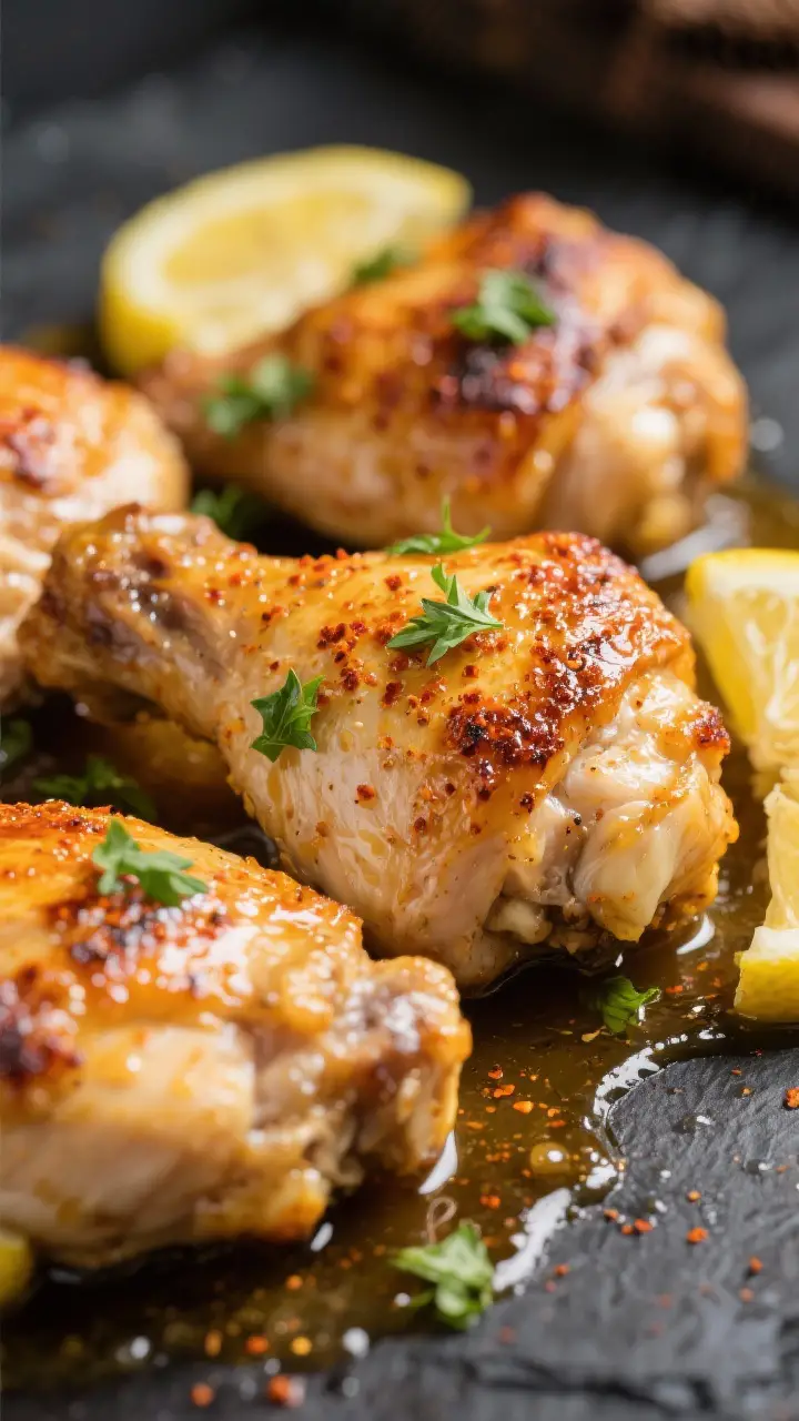 Close-up detail shot: Broiled Instant Pot lemon chicken thighs just out of the oven with sizzling, b