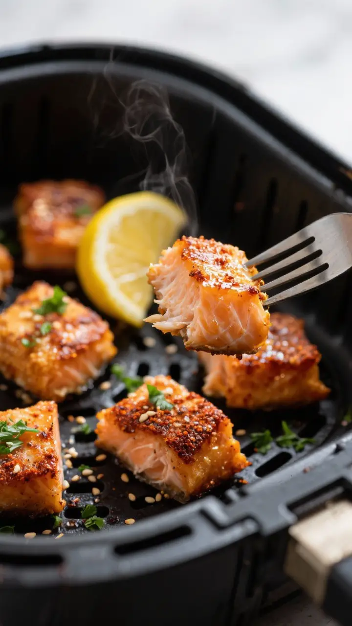 Close-up detail shot: Crispy air fryer salmon bites just out of the basket at 400°F, edges carameli
