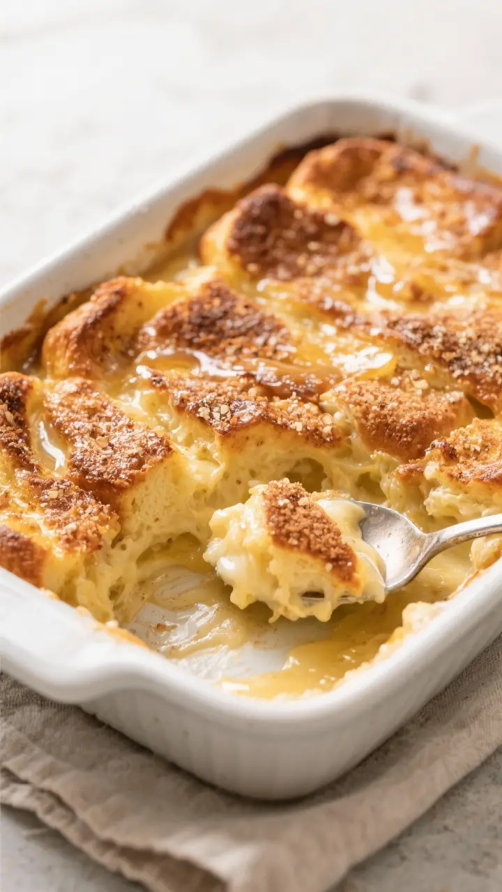 Close-up detail shot: Custardy brioche French toast casserole just out of the oven, golden and light