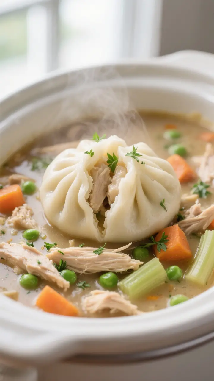 Close-up detail shot: Fluffy steamed dumplings sitting atop creamy crockpot chicken stew, one dumpli
