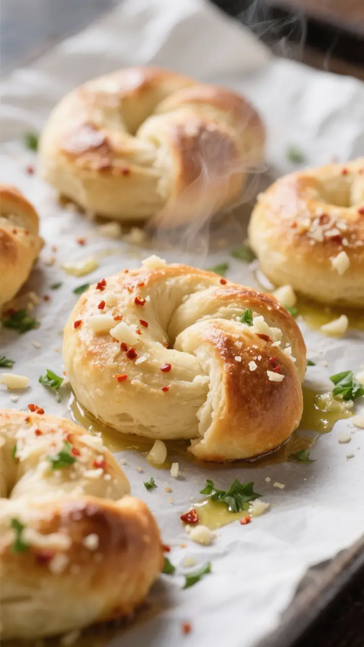 Close-up detail shot: Freshly baked garlic knots just out of the oven on a parchment-lined sheet, pu