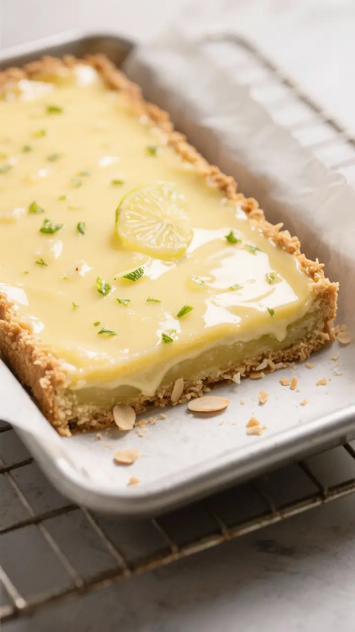 Close-up detail shot: Freshly baked Light Leilani Bars slab just out of the oven at 325°F, glossy p