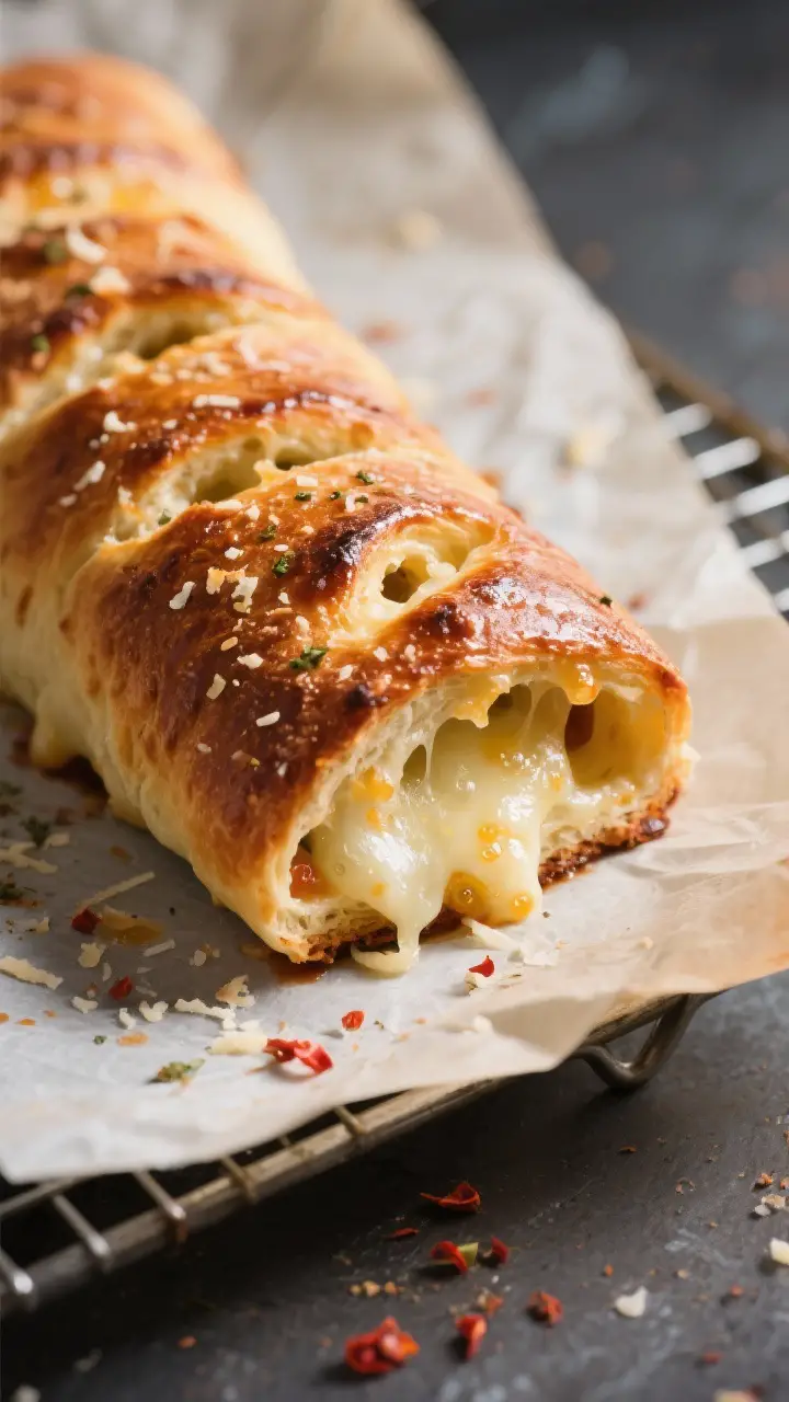 Close-up detail shot: Freshly baked Stromboli cooling on parchment, deep golden-brown crust with glo