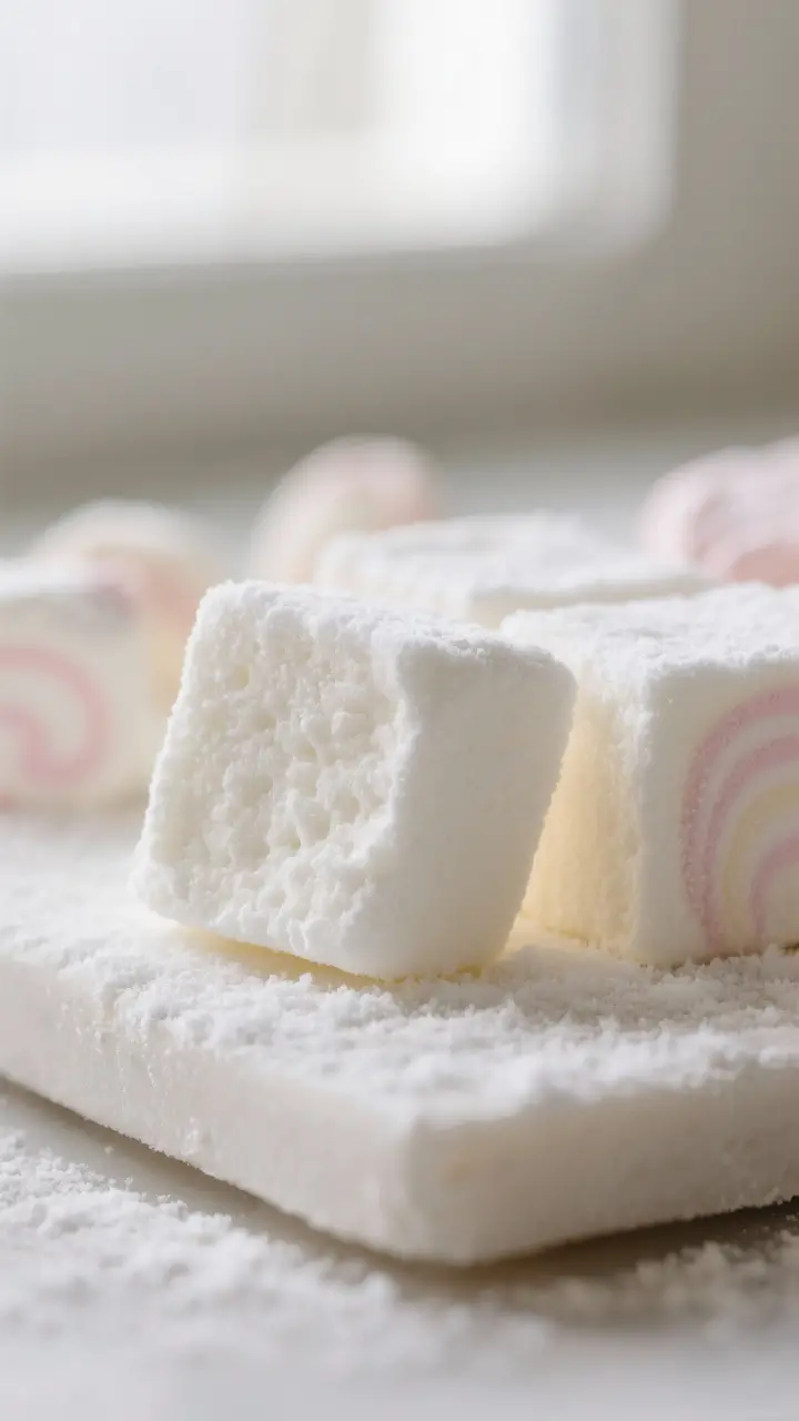 Close-up detail shot: freshly cut homemade marshmallow squares dusted in a fine confectioners’ sug