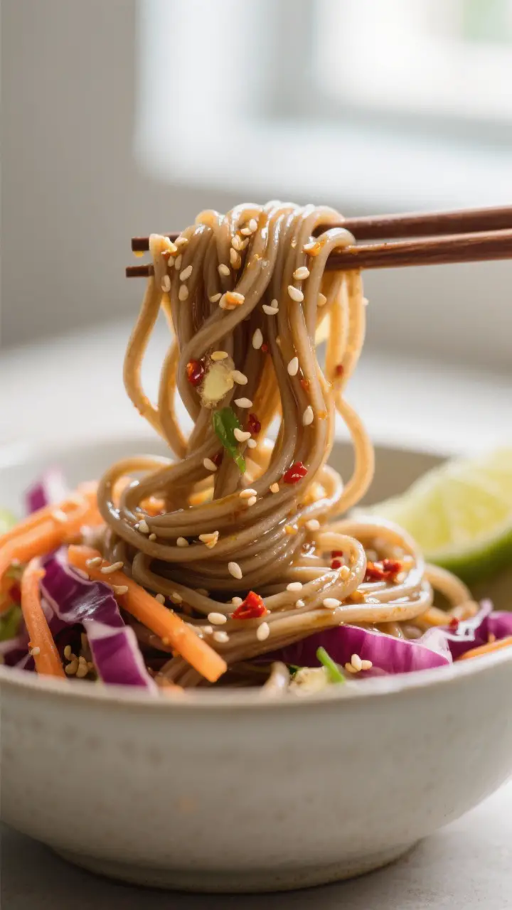 Close-up detail shot: Glossy, chilled soba noodles twirled on chopsticks above a bowl, strands light