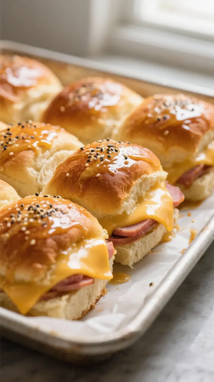 Close-up detail shot: Golden-brown ham and cheese sliders just out of the oven, tops glistening with