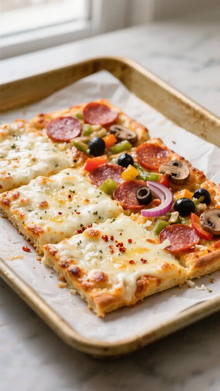 Close-up detail shot: Golden-edged Lunch Box Pizza squares just out of the oven on a parchment-lined