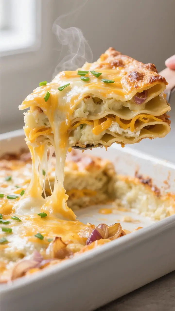 Close-up detail shot of a freshly baked slice of Cheesy Pierogi Lasagna being lifted from the pan, s
