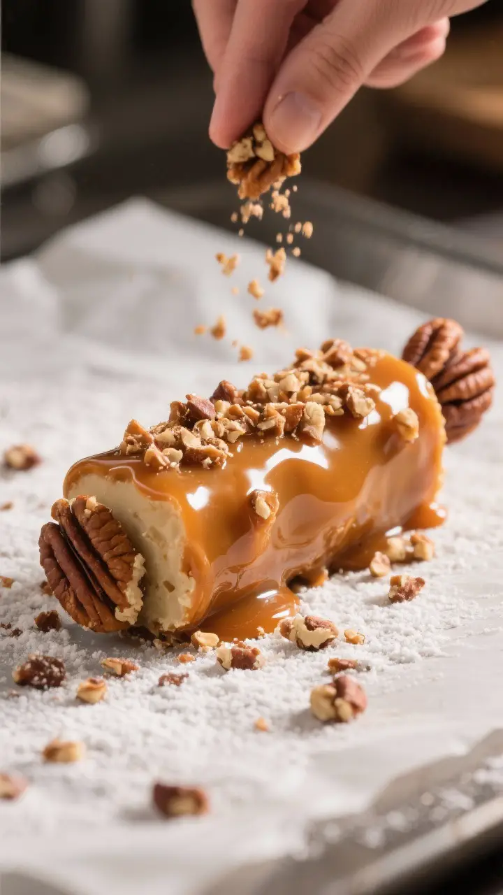 Close-up detail shot of a freshly coated Pecan Logger being rolled in finely chopped, toasted pecans