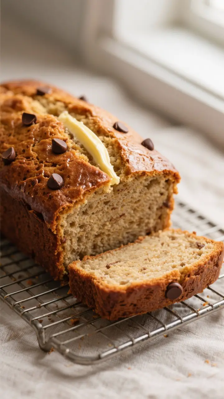 Close-up detail shot of a just-baked high-altitude banana bread loaf resting on a cooling rack, gold