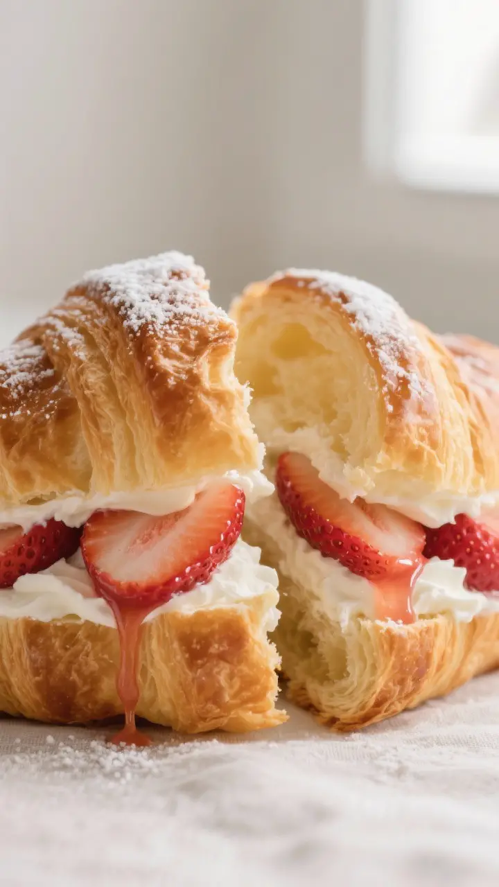 Close-up detail shot of a split, lightly warmed bakery croissant being layered with fluffy cream fil