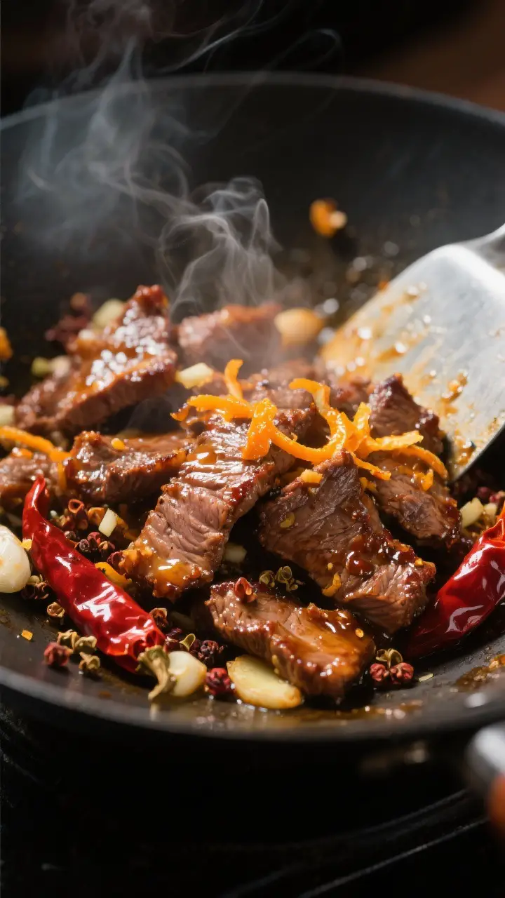 Close-up detail shot of crisp seared orange beef in a wok just after saucing: caramelized edges glis