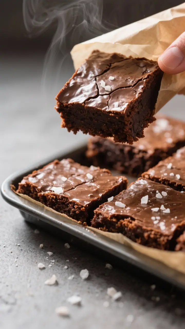 Close-up detail shot of freshly baked Betty Browns just out of the pan, edges visibly chewy and cent