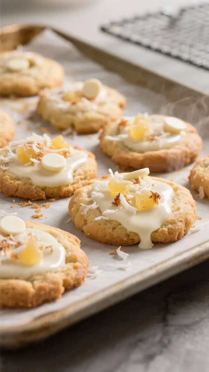 Close-up detail shot of freshly baked Paradise Cookies just out of the oven on a parchment-lined bak