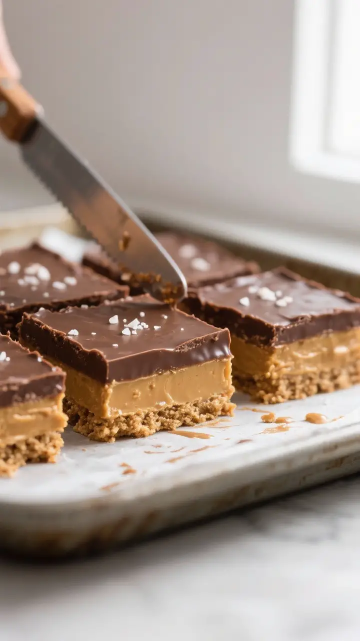 Close-up detail shot of freshly sliced no-bake chocolate peanut butter bars just lifted from the pan