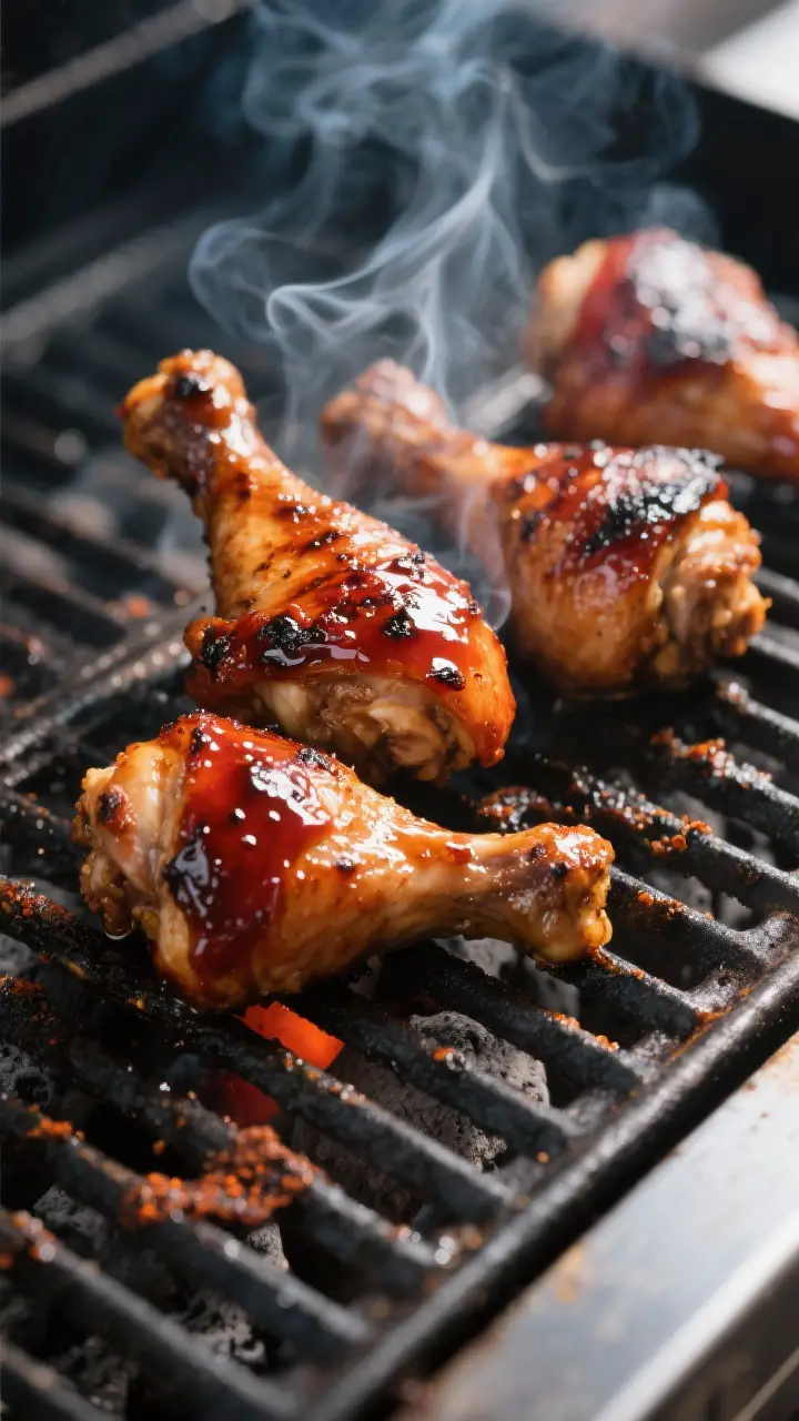 Close-up detail shot of grilled BBQ chicken thighs and drumsticks over direct heat on a two-zone cha
