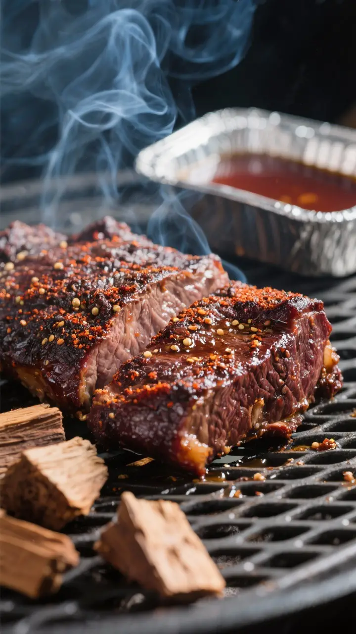 Close-up detail shot of smoked beef cheeks just off the smoker, showcasing a deep mahogany bark with