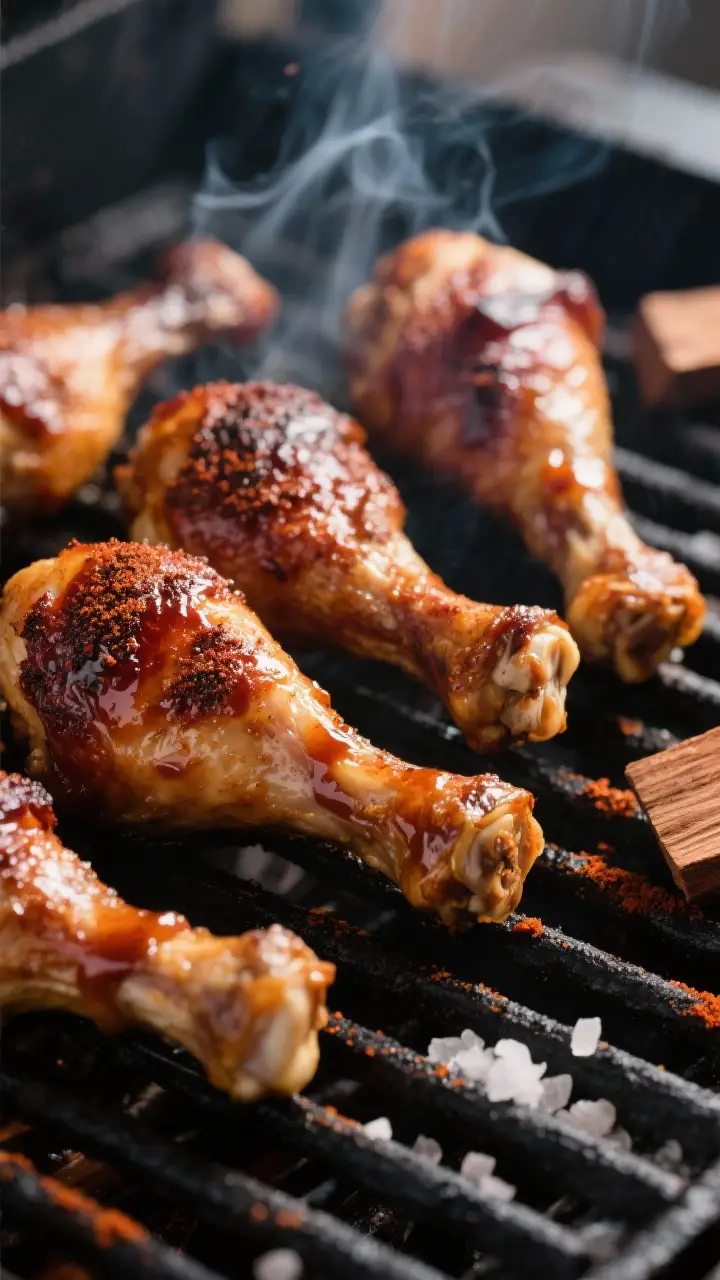 Close-up detail shot of smoked chicken drumsticks just off the smoker, showing glistening, bite-thro