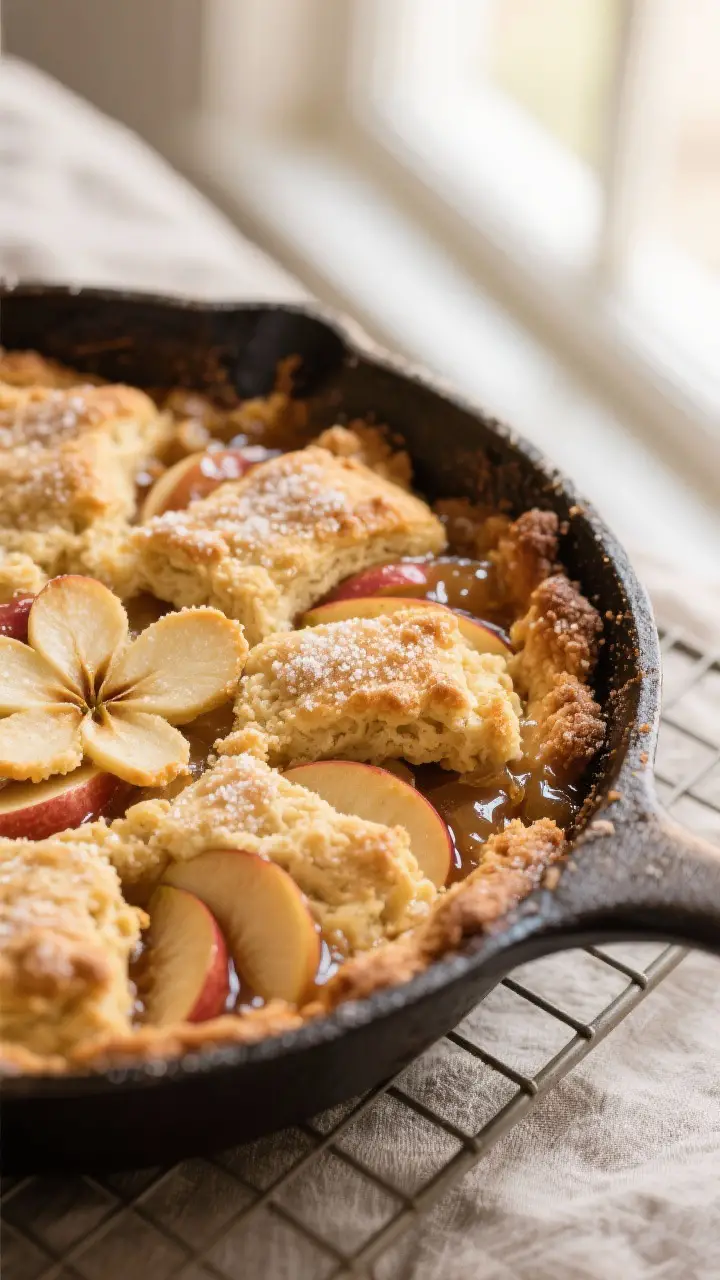 Close-up detail shot of the Apple Blossom Cobbler just out of the oven in a 10–12 inch cast-iron s