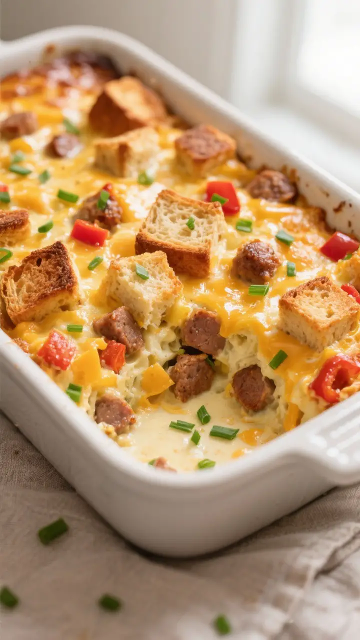 Close-up detail shot of the baked breakfast casserole just out of the oven: golden, puffed top with