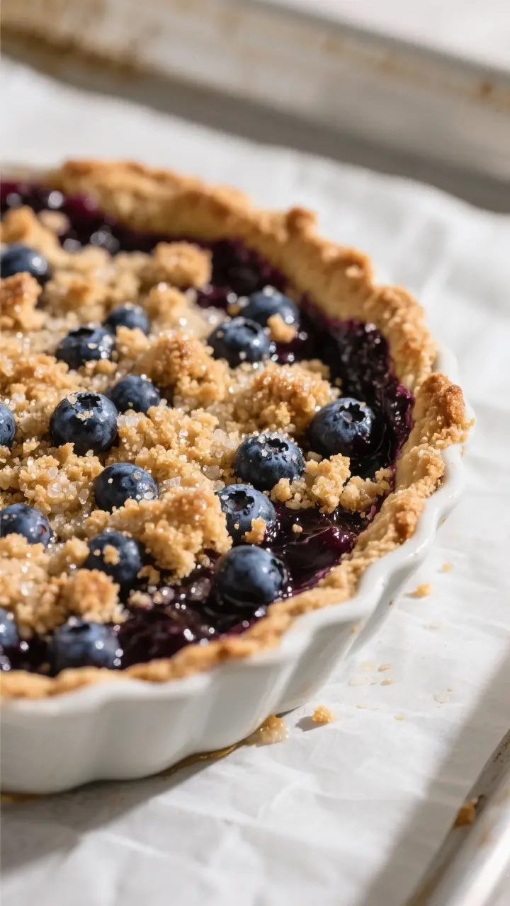 Close-up detail shot of the baked no-roll blueberry pie just out of the oven, showing thick, glossy,