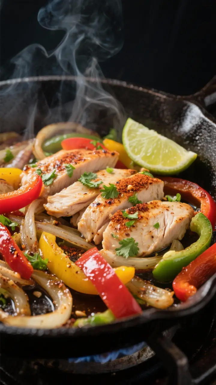 Close-up detail shot: Sizzling chicken fajitas finishing in a cast-iron skillet on the stovetop, sho