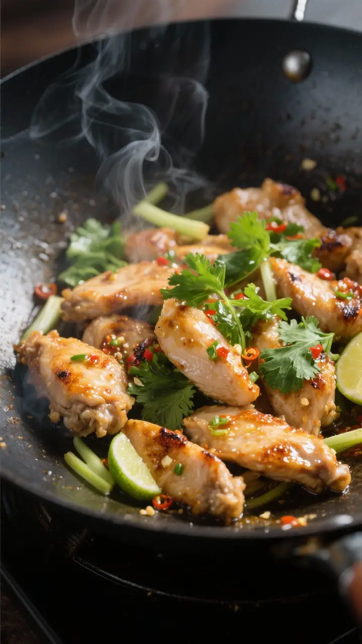 Close-up detail shot: Sizzling cilantro Thai chicken thigh strips in a wok mid-cook, caramelized edg