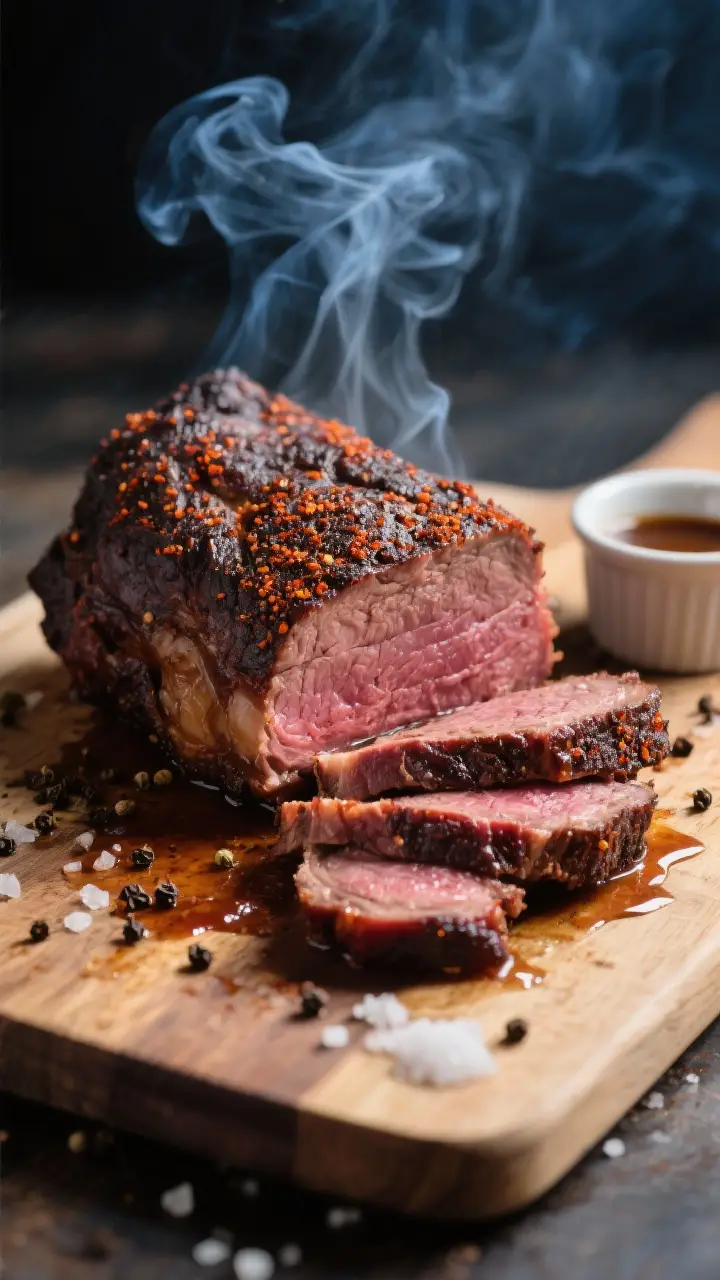 Close-up detail shot: Sliced smoked chuck roast on a cutting board, showing a deep mahogany bark wit