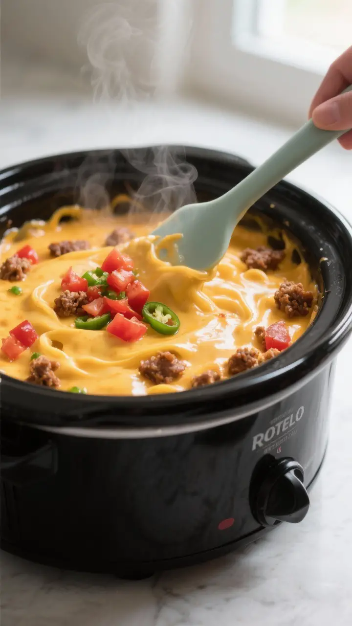 Close-up detail shot: Slow Cooker Rotel Cheese Dip mid-melt inside a black slow cooker, creamy golde