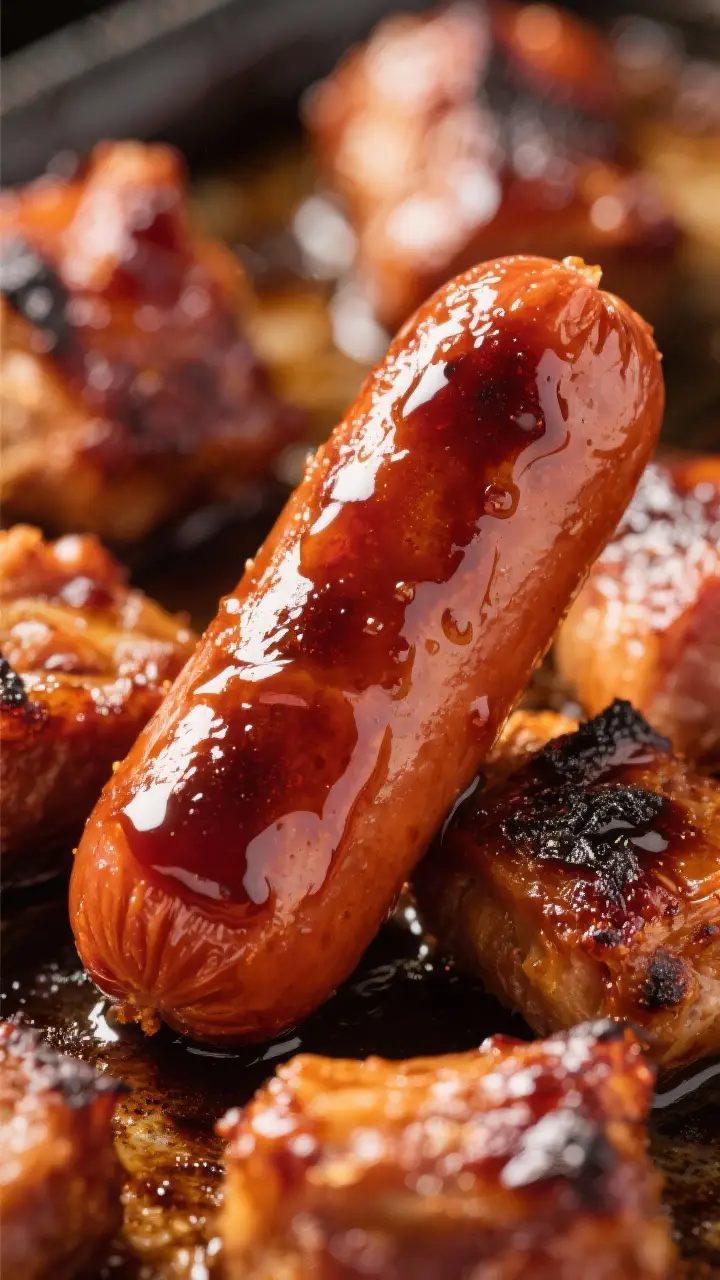 Close-up detail shot: Sticky hot dog burnt ends just out of the oven at the caramelize stage, glossy