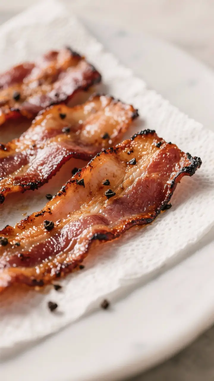 Close-up detail shot: Thick-cut grilled bacon strips resting on a paper towel–lined plate just off
