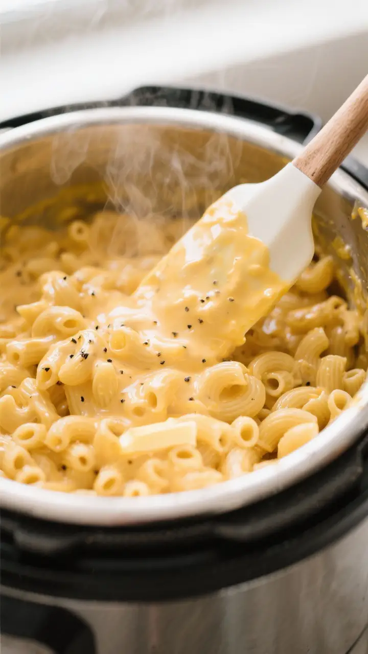 Close-up detail shot: Ultra-creamy Instant Pot mac and cheese being stirred in the pot right after q
