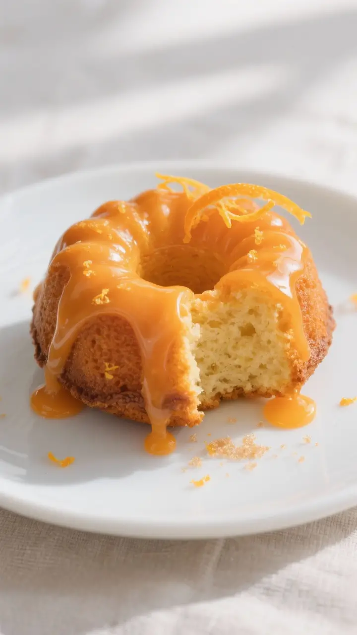 Close-up detail shot: Warm orange mini-cake just glazed, thick but pourable orange glaze dripping do