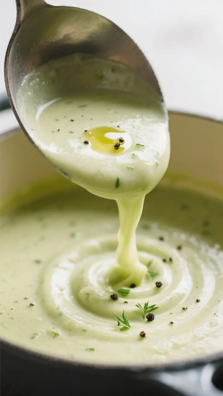 Close-up detail — silky blend and garnish: Extreme close-up of a ladled swirl of silky cream of ce