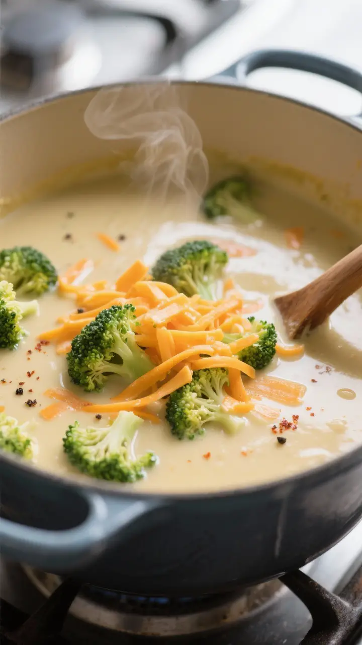 Close-up detail: Silky broccoli cheddar soup mid-stir in a Dutch oven, showing tender broccoli flore